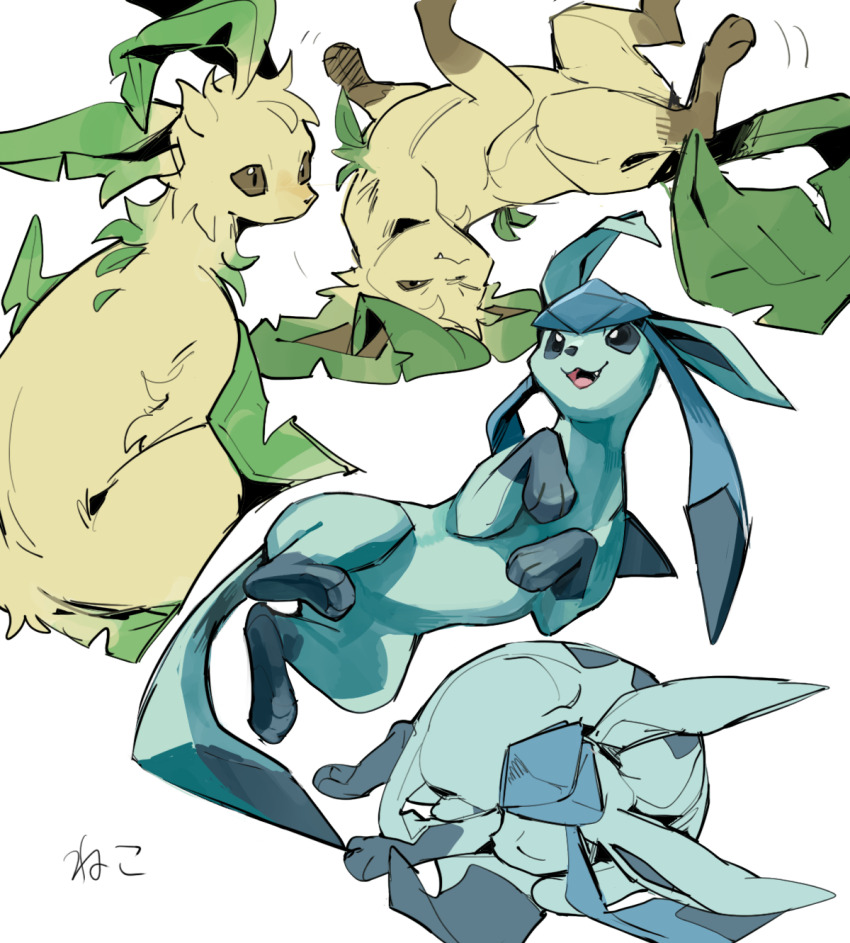 blue_eyes blue_fur brown_eyes curled_up full_body gen_4_pokemon glaceon green_fur highres leaf leafeon motion_lines multiple_views nintendo no_humans open_mouth pokemon pokemon_(creature) pokemon_focus simple_background tail white_background wintom yellow_fur