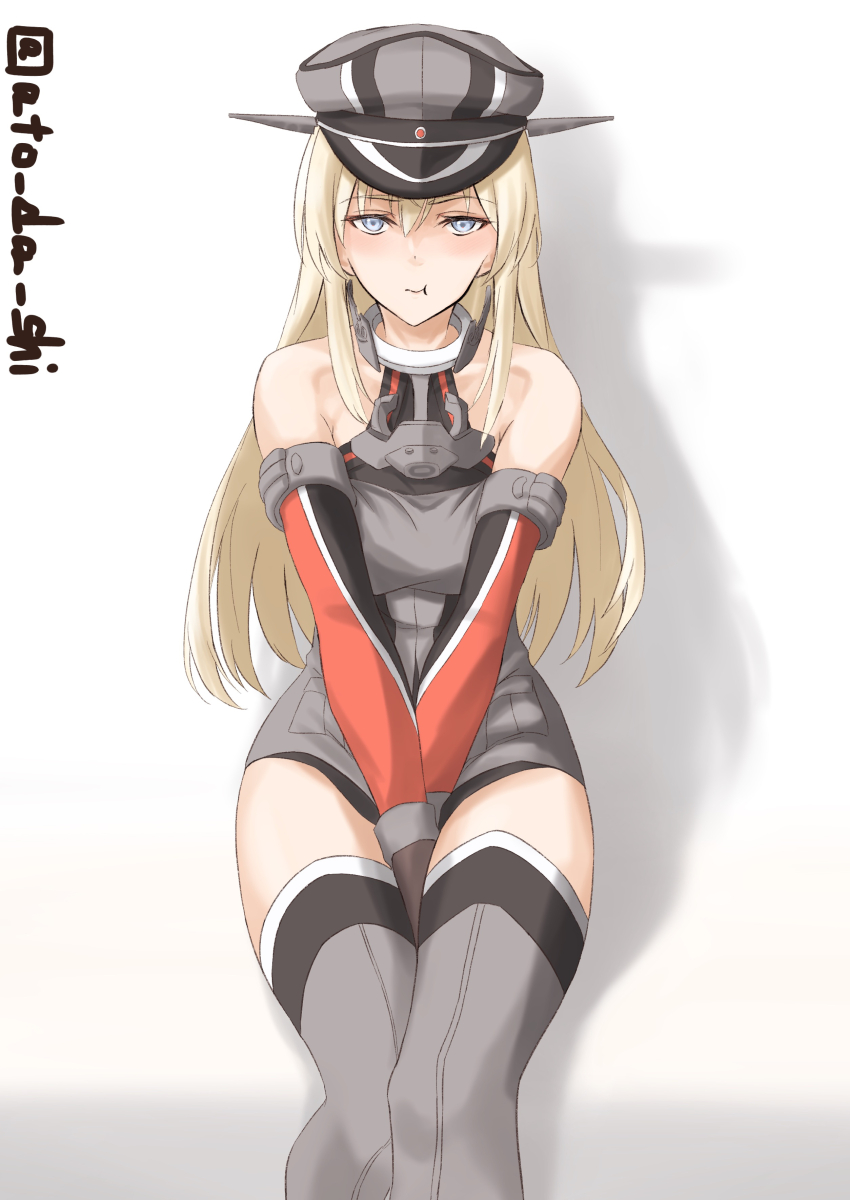 1girl absurdres anchor_choker atodashi bare_shoulders bismarck_(kancolle) blonde_hair blue_eyes breasts brown_gloves collar detached_sleeves gloves grey_thighhighs hair_between_eyes hat highres kantai_collection large_breasts long_hair metal_collar military_hat military_uniform peaked_cap solo thighhighs