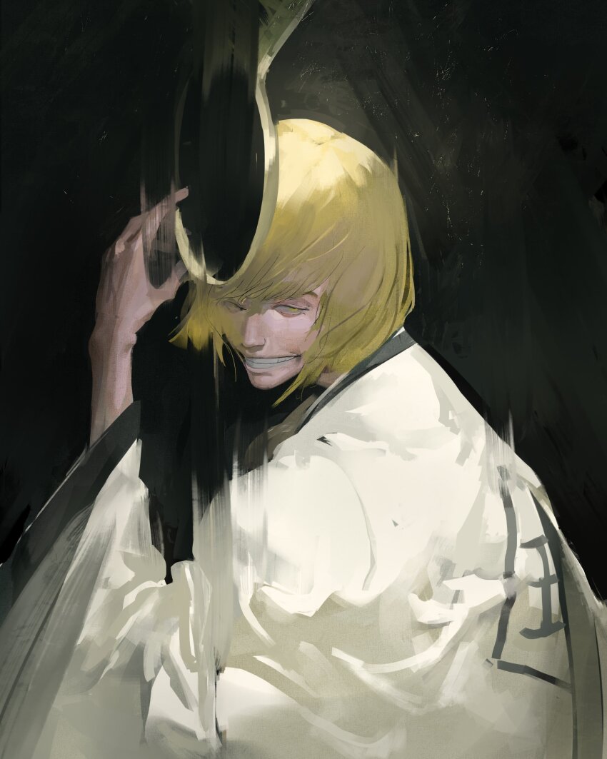 1boy absurdres arm_up black_background bleach blonde_hair commentary grin haori hashtag-only_commentary highres hirako_shinji japanese_clothes kanji_(nievart) long_sleeves looking_to_the_side male_focus sakanade_(shikai) short_hair sideways_glance smile solo swept_bangs taichou_haori teeth upper_body white_haori wide_sleeves yellow_eyes