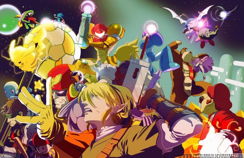 2girls 6+boys angry bat_(animal) blonde_hair brown_hair capcom captain_falcon clash cloud_strife creatures_(company) donkey_kong donkey_kong_(series) donkey_kong_country elf f-zero final_fantasy final_fantasy_vii flying game_freak gen_1_pokemon gloves grin gun hat headband kirby kirby_(series) konami link mario mario_(series) mega_man_(character) mega_man_(series) megaman_(game) meta_knight metal_gear metal_gear_(series) metroid mother_(series) mother_2 multiple_boys multiple_girls ness_(mother_2) night night_sky nintendo open_mouth over-the-shoulder pikachu pointy_ears pokemon pokemon_(creature) princess_peach running samus_aran sega sky smile solid_snake sonic_(series) space square_enix squirtle star_(symbol) star_fox super_mario_bros._1 super_smash_bros. sword the_legend_of_zelda the_legend_of_zelda:_twilight_princess weapon wings