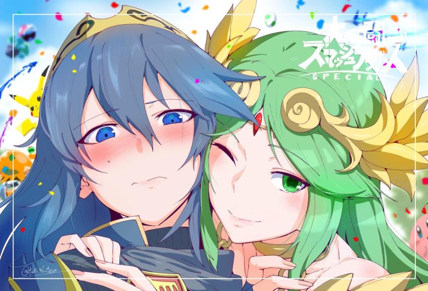 armlet arwing blue_eyes blue_hair blurry blurry_background blush cheek-to-cheek circlet copyright_name fingernails fire_emblem fire_emblem_awakening gen_1_pokemon green_eyes green_hair heads_together inkling inkling_girl inkling_player_character jewelry kid_icarus kirby kirby_(series) long_hair lucina_(fire_emblem) mario_(series) nintendo one_eye_closed palutena pikachu pikmin_(creature) pikmin_(series) piranha_plant pokemon pokemon_(creature) smile star_fox super_smash_bros. tiara torichamaru yoshi_egg yuri
