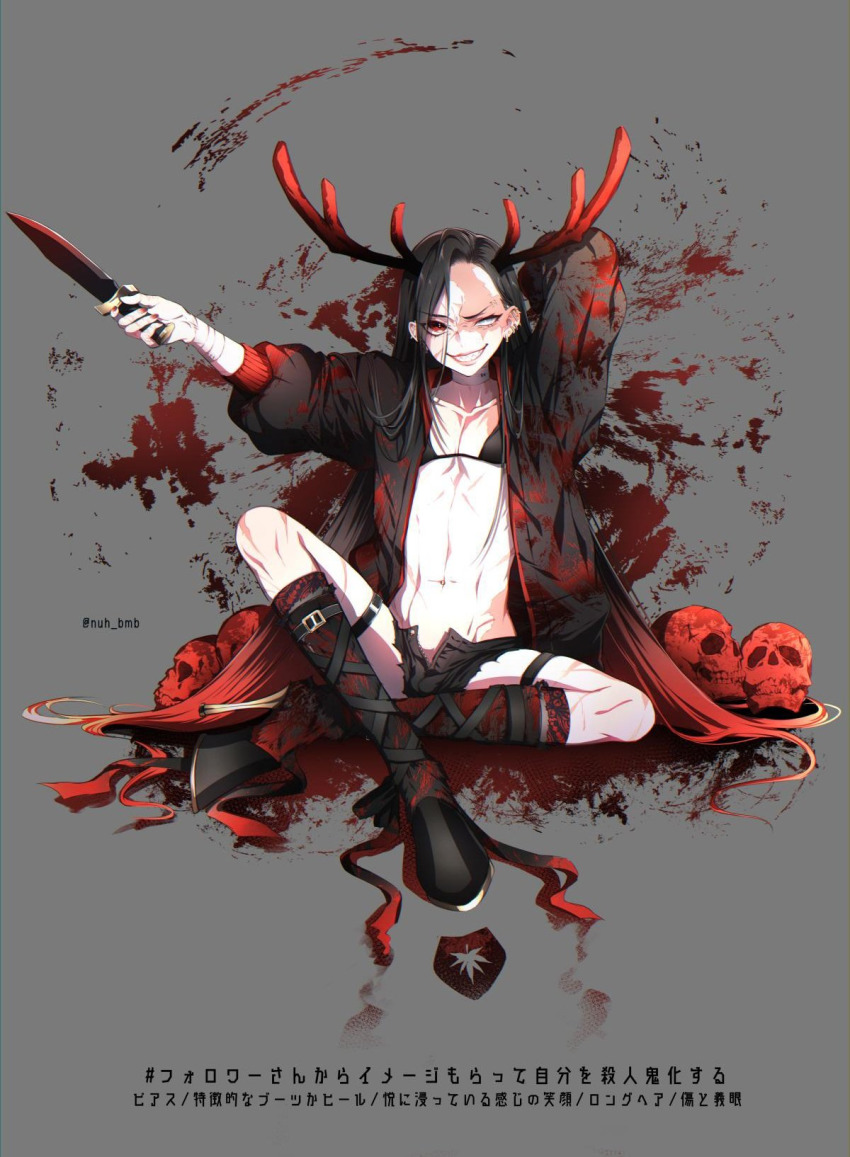 1boy androgynous antlers arm_up black_hair black_jacket black_shorts blood blood_splatter boots burn choker collarbone ear_piercing eyes_visible_through_hair gradient_hair grey_background grin heterochromia high_heel_boots high_heels highres holding holding_knife horns jacket knee_boots knife long_hair looking_at_viewer morino_bambi multicolored_hair nail_polish navel original piercing pile_of_skulls red_hair red_nails scar sharp_teeth shorts sitting smile solo teeth torn_clothes trap twitter_username unzipped very_long_hair