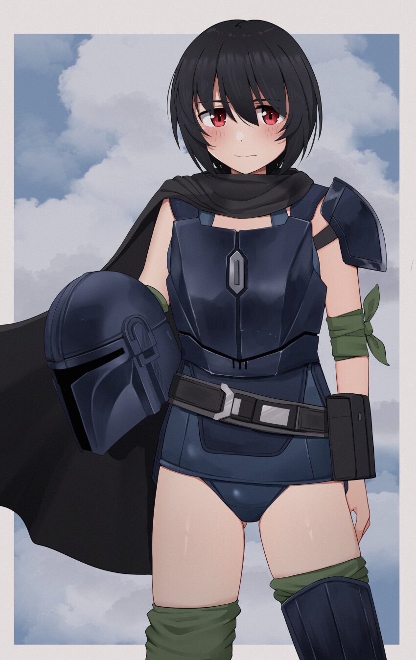 1girl absurdres armor belt black_hair blue_one-piece_swimsuit brave_witches cape cloud commission emu_1316 helmet highres holding looking_at_viewer one-piece_swimsuit red_eyes second-party_source shimohara_sadako short_hair sky solo standing star_wars swimsuit world_witches_series