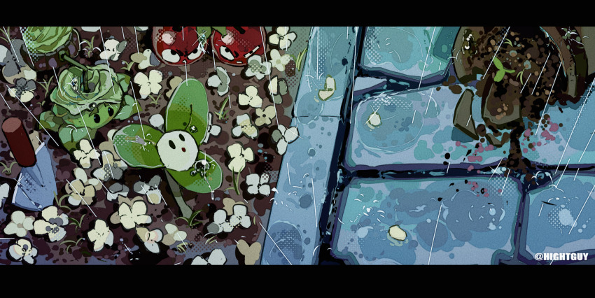 :o blover_(plants_vs._zombies) cabbage-pult_(plants_vs._zombies) cherry_bomb_(plants_vs._zombies) highres hightguy letterboxed no_humans pants plants_vs._zombies rain water_drop
