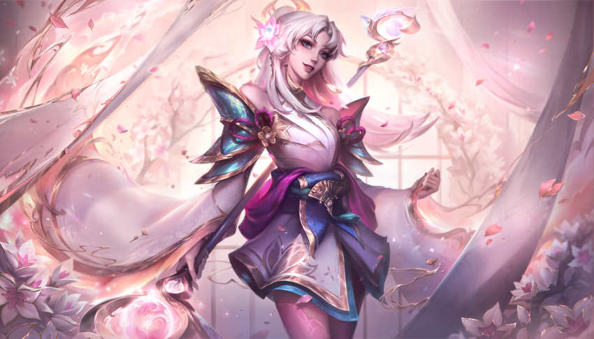 1girl absurdres aizukie apron bare_shoulders blue_sailor_collar cherry_blossoms earrings facial_mark floating_hair flower hair_flower hair_ornament heart heart_facial_mark highres holding holding_staff jewelry league_of_legends long_hair lux_(league_of_legends) official_art open_mouth pink_thighhighs prestige_spirit_blossom_lux purple_eyes sailor_collar snowing solo staff thighhighs waist_apron white_hair