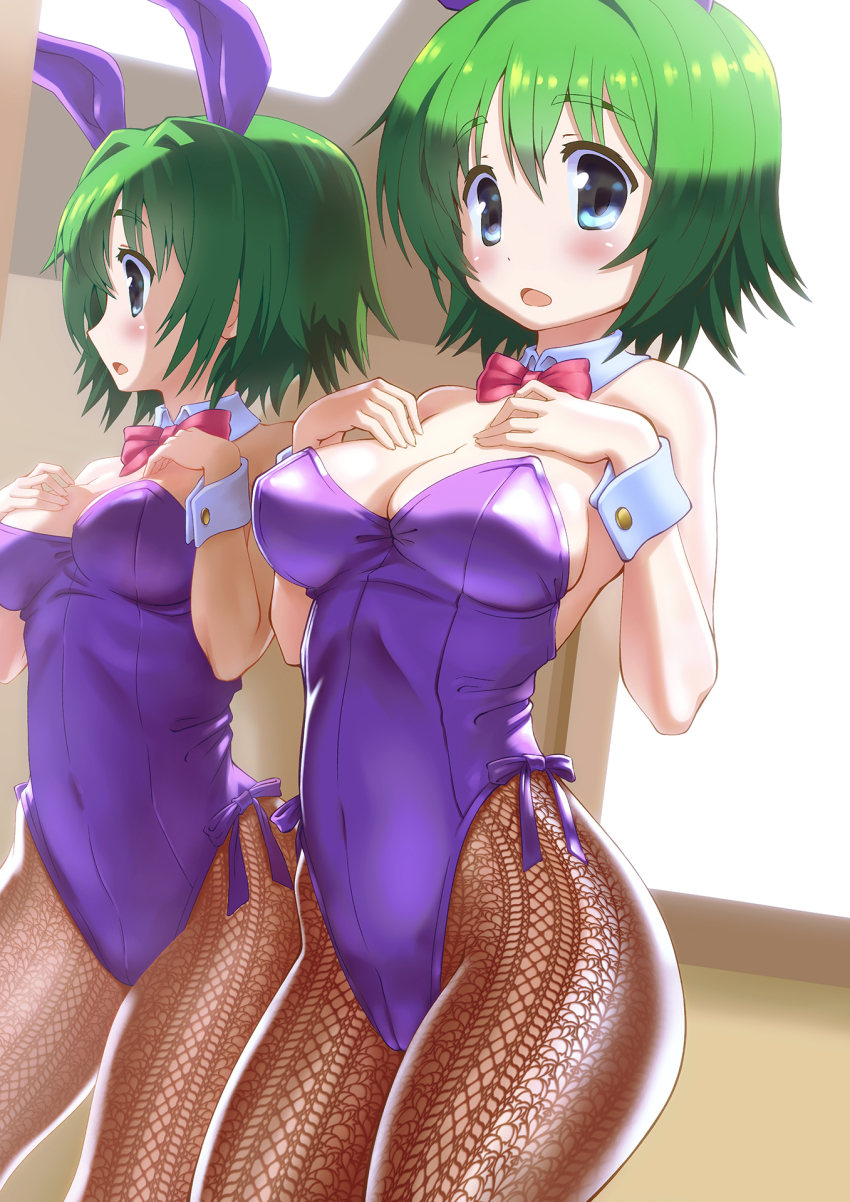 00s 1girl animal_ears bare_shoulders blue_eyes blush bow bowtie breasts comic_party detached_collar eyebrows fake_animal_ears female_focus fishnet_pantyhose fishnets green_hair hands_on_own_chest highres large_breasts leotard looking_at_viewer minawa_(hemo) mirror ooba_eimi pantyhose patterned_legwear playboy_bunny rabbit_ears rabbit_tail reflection revision short_hair solo standing tail wrist_cuffs