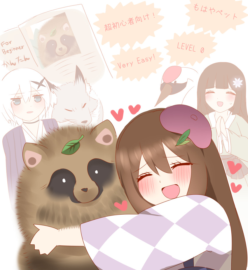 3girls :d ^_^ absurdres animal animal_ear_fluff animal_hug beret bird black_choker blue_eyes blue_shirt blush brown_hair checkered_clothes checkered_kimono choker closed_eyes crane_(animal) english_text flower green_kimono grey_hair hair_between_eyes hair_flower hair_ornament hat heart highres japanese_clothes kimono leaf leaf_on_head long_hair long_sleeves multiple_girls non_(wednesday-classic) on_floor open_mouth original palms_together purple_hat ribbed_shirt shirt smile tanuki tatami tilted_headwear translation_request white_flower wide_sleeves wolf