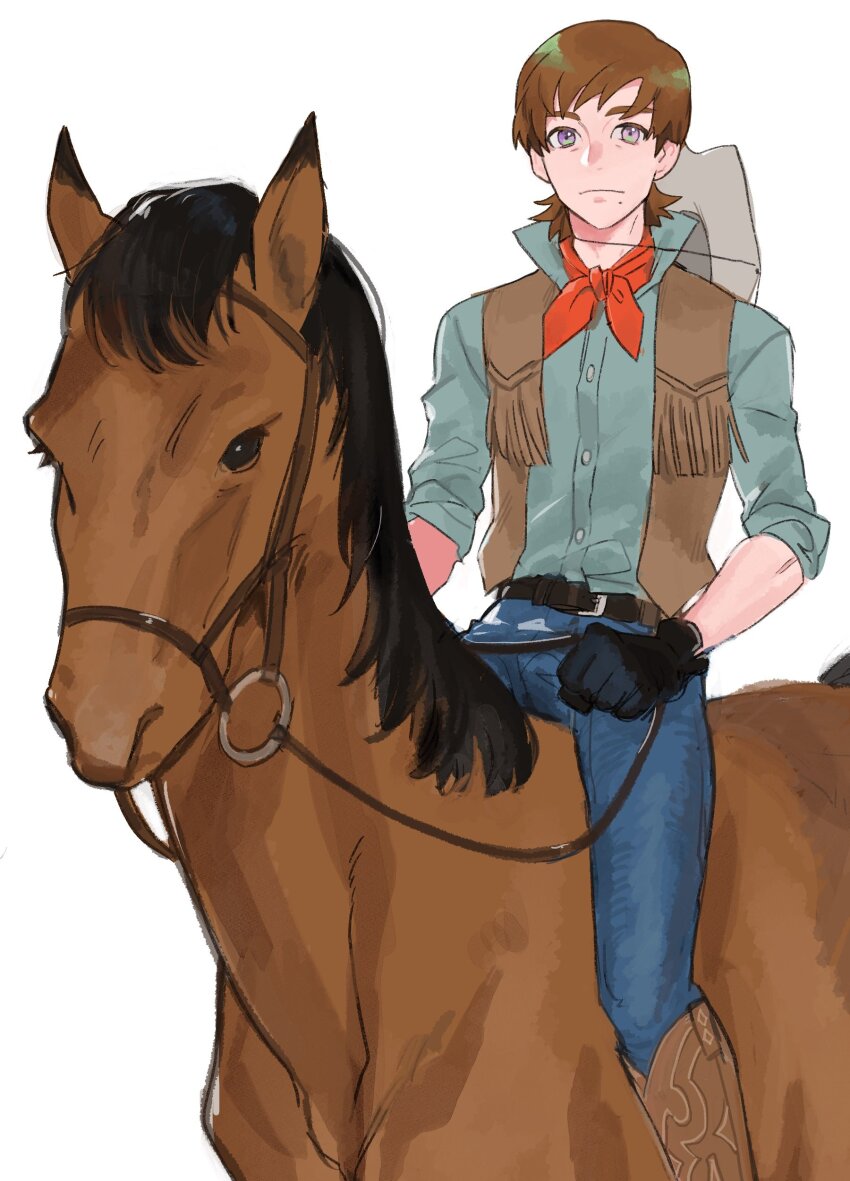 1boy absurdres bandana bandana_around_neck belt boots brown_hair brown_horse cowboy denim fringe_trim gloves gundam gundam_gquuuuuux highres holding holding_reins horse horseback_riding jeans looking_at_viewer male_focus mole mole_under_mouth pants purple_eyes reins riding shirt short_hair simple_background solo tendo3 western white_background xavier_olivette