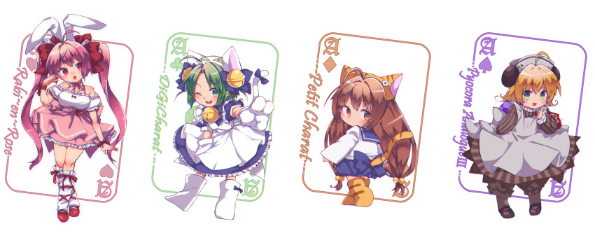 4girls absurdres ahoge animal_ears animal_hat apron armband bare_shoulders bell black_shoes blonde_hair bloomers blue_bow blue_bowtie blue_dress blue_sailor_collar blue_shorts bow bowtie brown_eyes brown_hair brown_pantyhose cat_girl cat_hat cat_tail character_name choker chromatic_aberration commentary_request dejiko detached_sleeves di_gi_charat dice_hair_ornament dress flipped_hair flower full_body green_eyes green_hair grey_apron grey_bloomers grey_dress grey_hat hair_bell hair_bow hair_ornament hat hat_flower high-waist_skirt highres incredibly_absurdres index_finger_raised jingle_bell long_hair long_sleeves looking_at_viewer low_twintails mary_janes medium_hair mittens multiple_girls neck_bell nurse_cap off-shoulder_shirt off_shoulder one_eye_closed open_mouth panda_ears pantyhose parted_bangs petticoat pink_eyes pink_hair pink_ribbon pink_skirt piyoko pointing pointing_at_self puchiko puffy_detached_sleeves puffy_sleeves rabbit_ears red_armband red_bow red_ribbon red_shoes ribbon ribbon_choker sailor_collar sailor_shirt shirt shoes shorts skirt sleeveless sleeveless_shirt smile socks standing striped_clothes striped_dress tail tail_bow tail_ornament twintails underwear usada_hikaru v very_long_hair wadante white_apron white_hat white_mittens white_shirt white_shoes white_sleeves white_socks wrist_ribbon yellow_hat yellow_shoes
