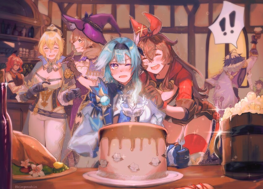 ! !! 3boys 4girls amber_(genshin_impact) asymmetrical_hair bar_(place) bartender beer_mug behind_another blonde_hair blue_hair bottle brown_hair cake closed_mouth commentary counter cup dark_blue_hair diluc_(genshin_impact) english_commentary eula_(genshin_impact) food fork genshin_impact gloves hat highres holding holding_cup holding_fork indoors jean_(genshin_impact) kaeya_(genshin_impact) kiegenshin leaning_forward light_brown_hair lisa_(genshin_impact) long_hair looking_at_another mug multicolored_hair multiple_boys multiple_girls one_eye_closed open_mouth pants plate purple_eyes shirt short_shorts shorts side-by-side smile sparkle standing table two-tone_hair venti_(genshin_impact) vest vision_(genshin_impact) white_hair witch_hat wooden_cup