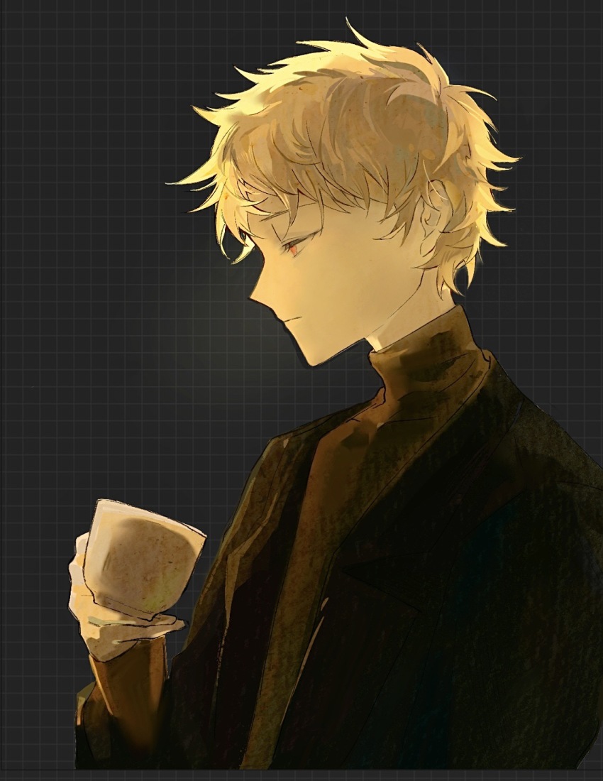 1boy atou_haruki black_background black_jacket blonde_hair brown_sweater chinese_commentary closed_mouth commentary_request cup grid_background highres holding holding_cup jacket male_focus open_clothes open_jacket red_eyes saibou_shinkyoku short_hair solo sweater turtleneck turtleneck_sweater upper_body zhiyanpianyu55126