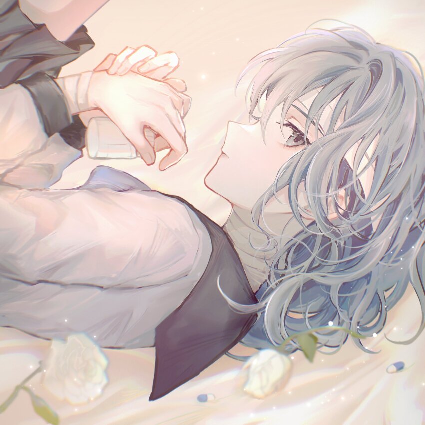 1girl bandaged_hand bandaged_head bandaged_neck bandages bottle flower from_side grey_eyes grey_hair highres holding holding_bottle juusan_kihei_bouei_ken long_sleeves looking_at_viewer lying masaki_ame on_side pill pleated_skirt sailor_collar school_uniform serafuku shinonome_ryouko_(juusan_kihei_bouei_ken) skirt solo white_flower