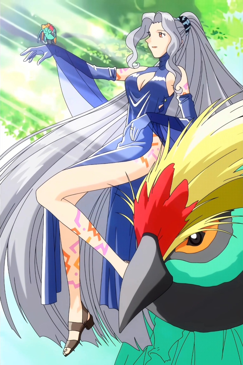 bird blue_dress bromide dress grey_hair highres long_hair long_legs lunar lunar:_the_silver_star official_art orange_eyes outdoors phacia ponytail tattoo tribal_tattoo