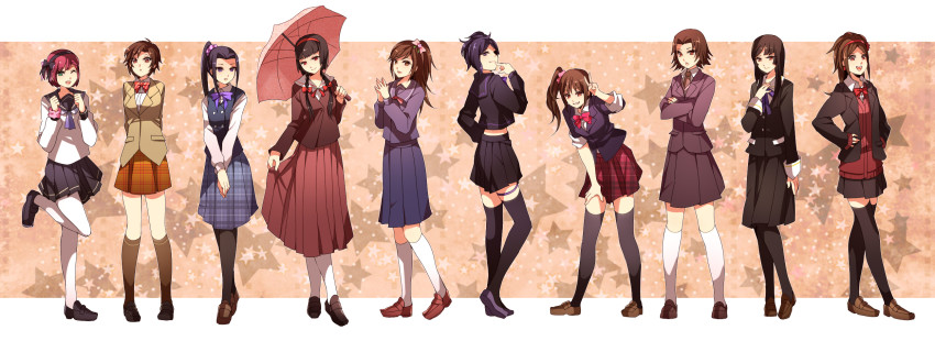 6+girls alternate_costume aya_gozen bad_id bad_pixiv_id black_hair black_legwear blazer blue_eyes blue_hair brown_eyes brown_hair contemporary crossed_arms green_eyes grin hair_ribbon hair_up hairband hands_on_own_hips highres hosokawa_gracia inahime jacket kaihime kunoichi_(sengoku_musou) loafers long_hair long_image long_skirt low_twintails mojya multiple_girls necktie nene_(sengoku_musou) nouhime nouhime_(sengoku_musou) oichi_(sengoku_musou) okuni open_mouth plaid_clothes plaid_skirt polka_dot ponytail purple_eyes red_eyes red_hair ribbon school_uniform scrunchie sengoku_musou sengoku_musou_2 sengoku_musou_3 serafuku shoes short_hair side_ponytail skirt sleeves_rolled_up smile star_(symbol) sukui_(ryuuai) tachibana_ginchiyo thighhighs twintails umbrella v wide_image wrist_scrunchie