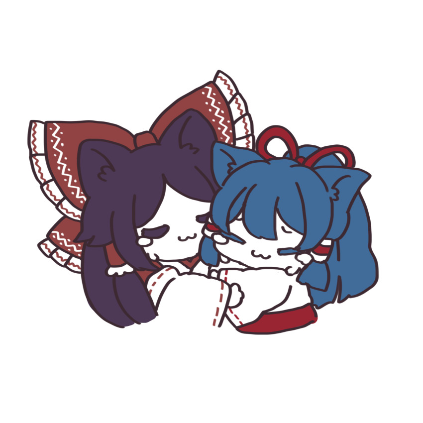 :3 animal_ears blue_hair cat_ears cat_girl chibi crying detached_sleeves foul_detective_satori frilled_hair_tubes frilled_ribbon frills gensokyo&#039;s_first_hakurei_miko hair_tubes highres hug japanese_clothes mensoreimuremu miko miyadeguchi_mizuchi miyadeguchi_mizuchi_(human) purple_hair ribbon touhou