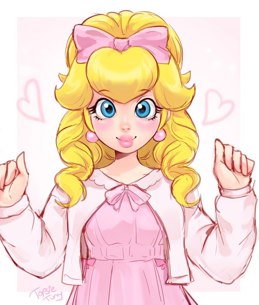 1girl alternate_hairstyle blonde_hair blue_eyes blush bow dress earrings eyelashes hair_bow hair_ornament heart highres jewelry looking_at_viewer mario_(series) nintendo pajamas pink_bow pink_dress pink_pajamas ponytail princess_peach signature smile solo sphere_earrings topsieturvy upper_body wavy_hair