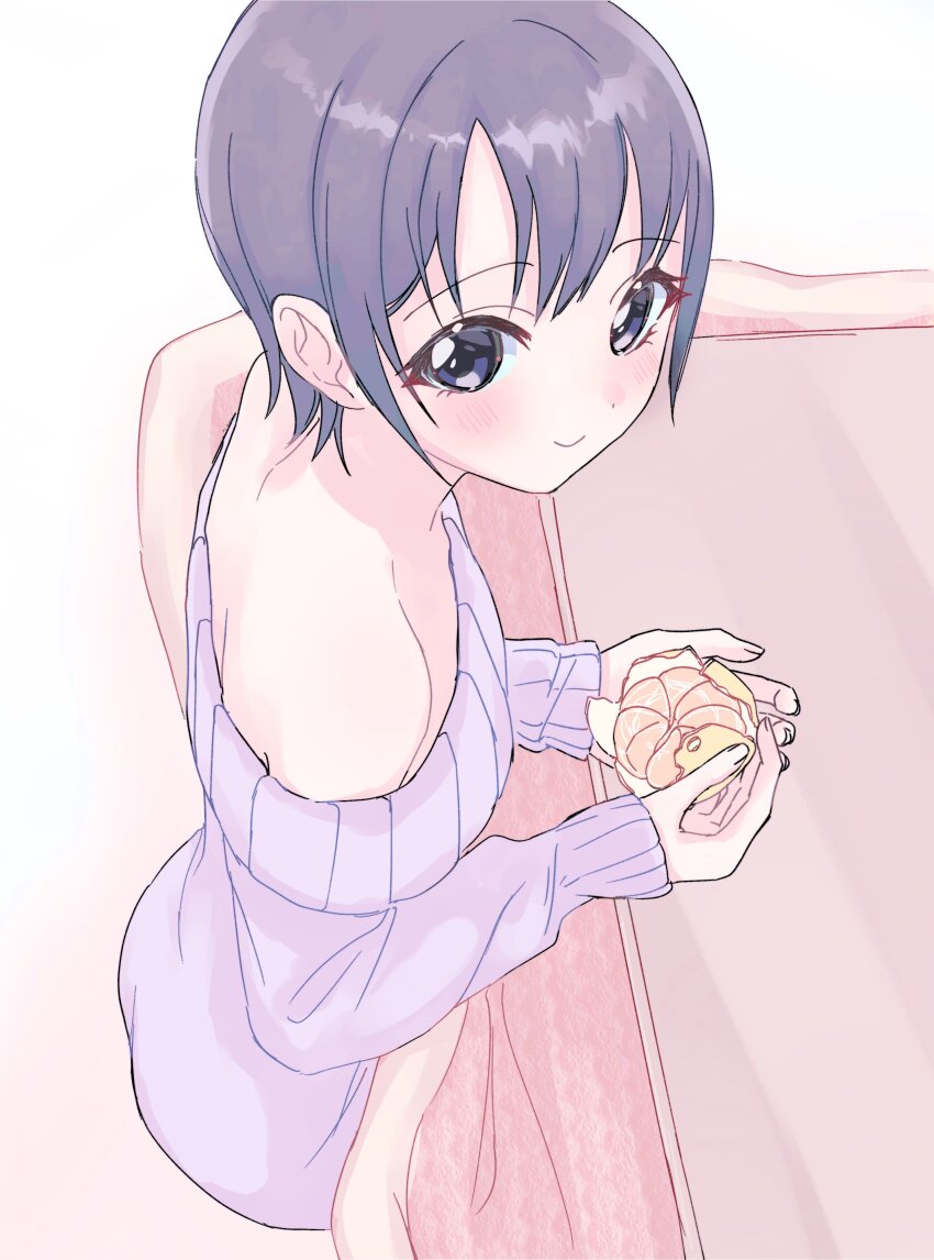 1girl absurdres ass bare_shoulders blush breasts dress food fruit grey_hair highres holding holding_food holding_fruit idolmaster idolmaster_cinderella_girls kanipoposu kotatsu looking_at_viewer looking_to_the_side mandarin_orange off-shoulder_sweater off_shoulder otokura_yuuki purple_sweater short_hair sitting smile solo sweater table