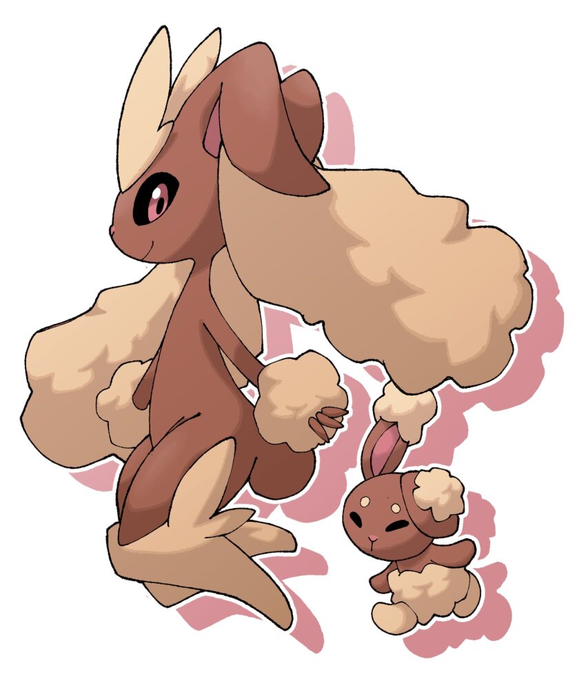 animal_nose brown_fur buneary closed_mouth commentary drop_shadow evolutionary_line from_side full_body gen_4_pokemon highres looking_at_another lopunny nintendo outline pink_eyes pokemon pokemon_(creature) pokemon_focus pr_quote rabbit simple_background white_background white_outline