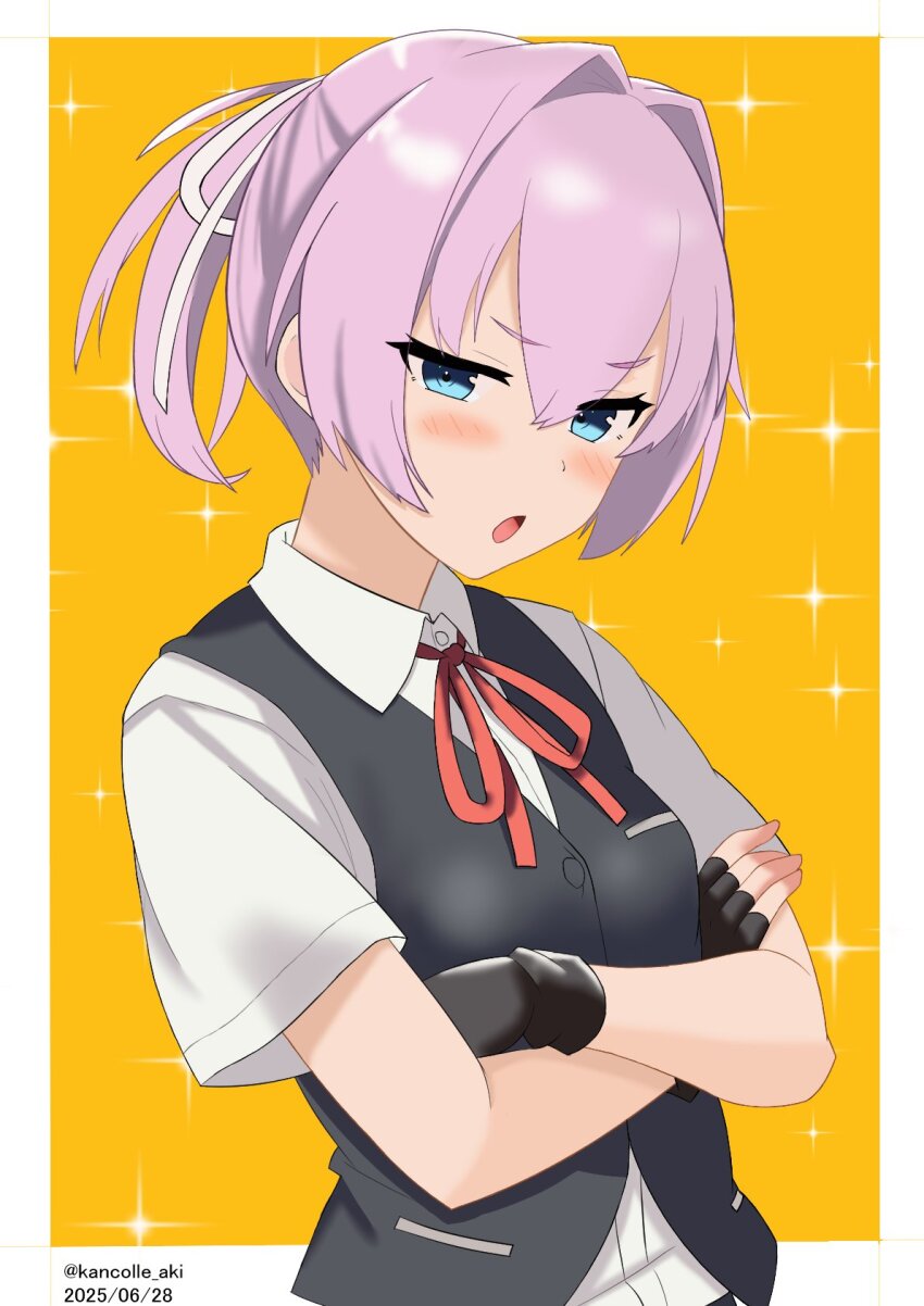 1girl akkun_teitoku black_gloves black_vest blue_eyes collared_shirt crossed_arms dress_shirt gloves highres kantai_collection one-hour_drawing_challenge partially_fingerless_gloves pink_hair ponytail shiranui_(kancolle) shiranui_kai_ni_(kancolle) shirt short_hair solo sparkle_background upper_body vest white_shirt yellow_background