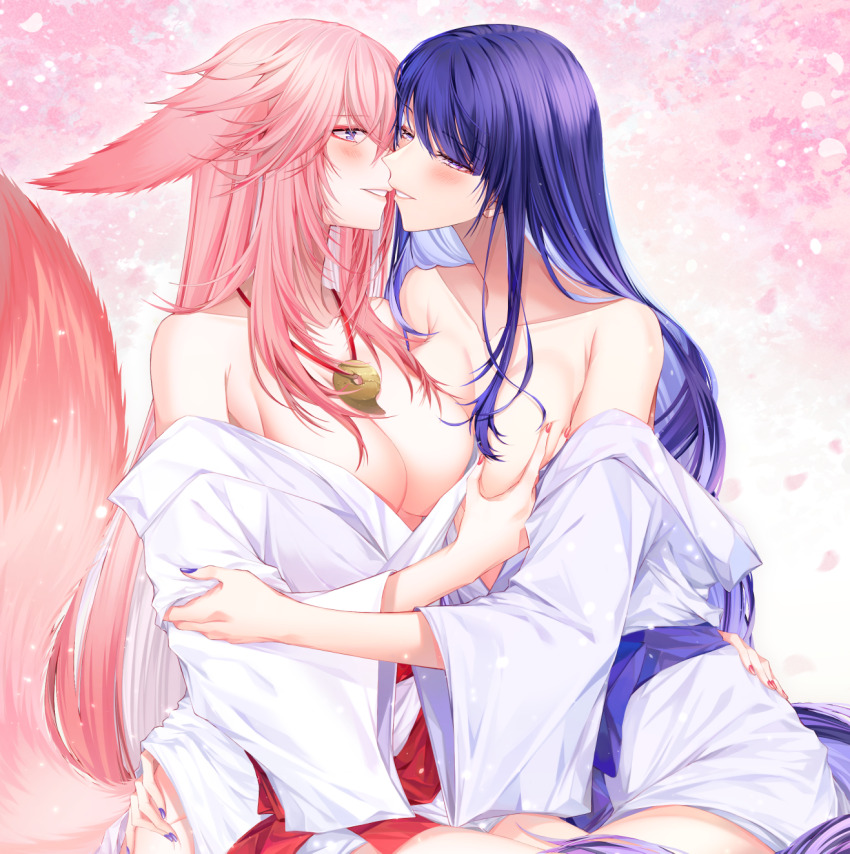 2girls animal_ears blush breasts cherry_blossoms cleavage collarbone commentary english_commentary fox_ears fox_girl fox_tail genshin_impact grabbing_another&#039;s_breast groping hand_on_another&#039;s_waist highres imminent_kiss japanese_clothes jewelry kimono large_breasts long_hair looking_at_another multiple_girls necklace off_shoulder parted_lips pink_hair pink_nails purple_eyes purple_hair purple_nails raiden_shogun sieka_(piiroinardesco) smile tail white_kimono yae_miko yuri