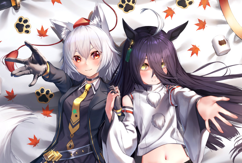 2girls ahoge animal_ears arm_up black_hair blush choker closed_mouth cosplay costume_switch crossover cup detached_sleeves from_above hair_between_eyes hat highres holding_hands horse_ears horse_girl horse_tail interlocked_fingers inubashiri_momiji inubashiri_momiji_(cosplay) jacket leaf long_hair long_hair_between_eyes long_sleeves looking_at_viewer lying manhattan_cafe_(umamusume) manhattan_cafe_(umamusume)_(cosplay) maple_leaf medium_hair midriff multicolored_hair multiple_girls navel necktie on_back outstretched_arm outstretched_hand pom_pom_(clothes) red_eyes reo-illust4696 shield shirt side-by-side smile stomach tail tokin_hat touhou two-tone_hair umamusume very_long_hair white_hair wide_sleeves wolf_ears wolf_girl wolf_tail yellow_eyes