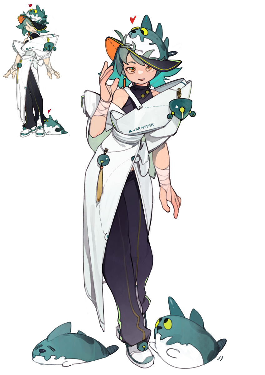 1girl absurdres closed_eyes clothes_writing colored_inner_hair commentary earrings hat heart highres jewelry linween multicolored_hair orange_eyes original simple_background white_background