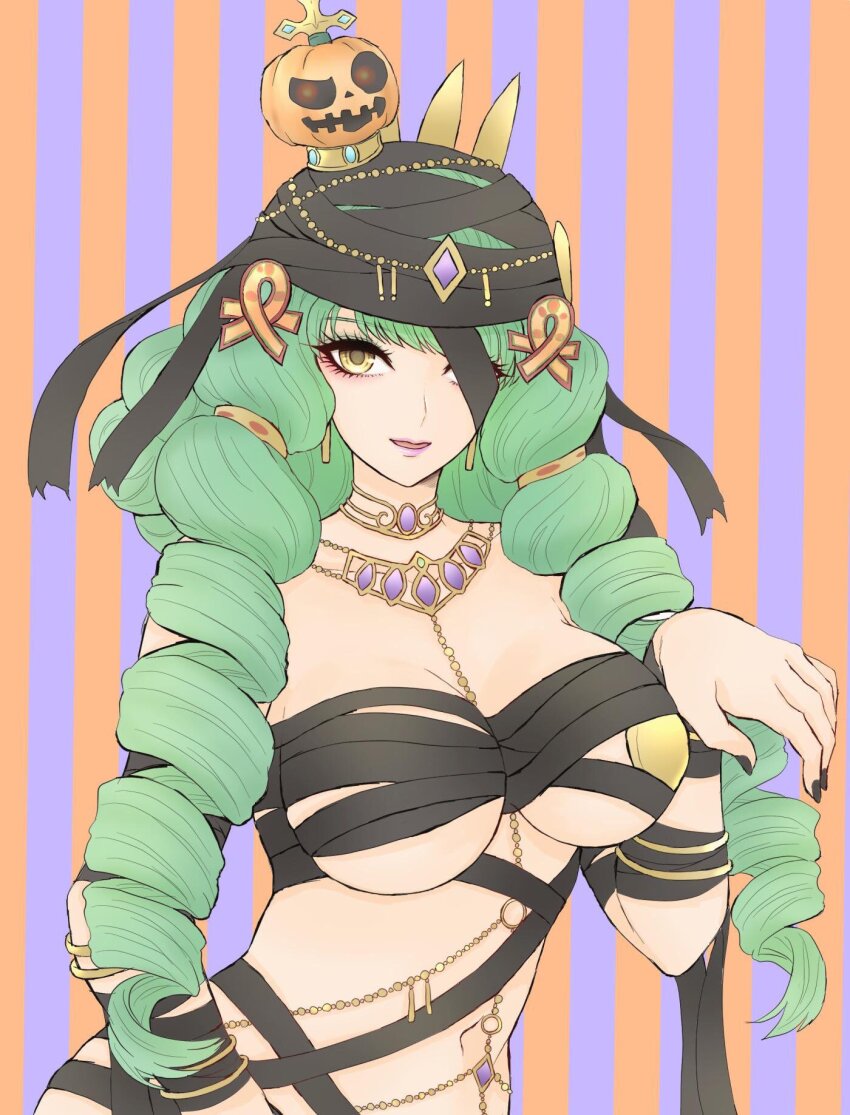 1girl bandages breasts drill_hair earrings fiore_brunelli green_hair hair_ornament halloween halloween_costume hat higemaccho highres jack-o&#039;-lantern jewelry large_breasts long_hair looking_at_viewer mummy_costume nail_polish naked_bandage navel open_mouth smile solo star_ocean star_ocean_integrity_and_faithlessness twin_drills underboob yellow_eyes