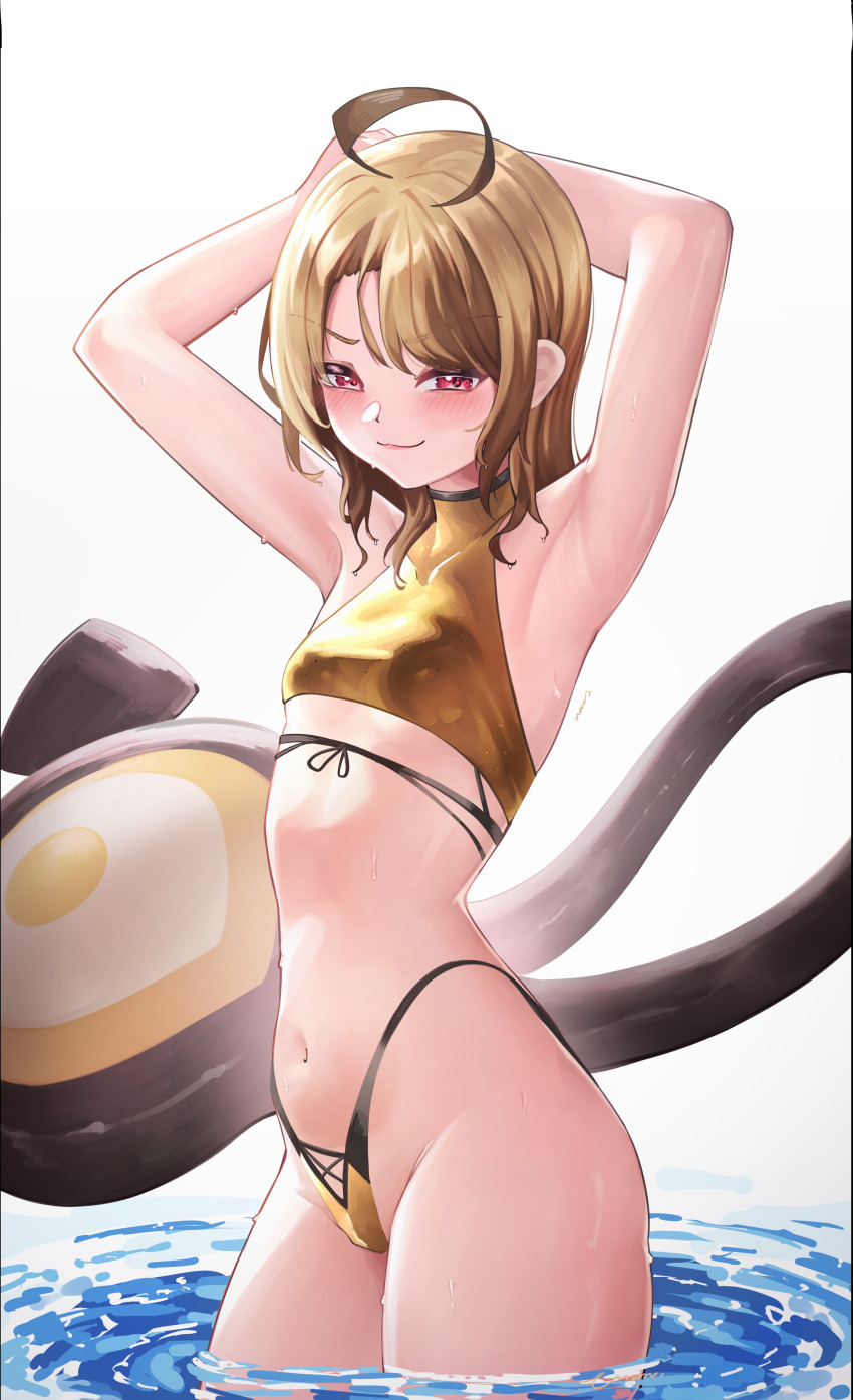 1girl absurdres ahoge alternate_costume alternate_hairstyle armpits arms_behind_head arms_up bare_arms bare_shoulders bikini black_tail blush breasts brown_hair commentary cowboy_shot curtained_hair english_commentary front-tie_top gigi_murin gold_bikini golden_week groin halterneck highleg highleg_bikini highres hololive hololive_english looking_at_viewer medium_hair multicolored_hair navel red_eyes simple_background small_breasts smile solo stomach swimsuit two-tone_hair umamii virtual_youtuber wading water wet white_background