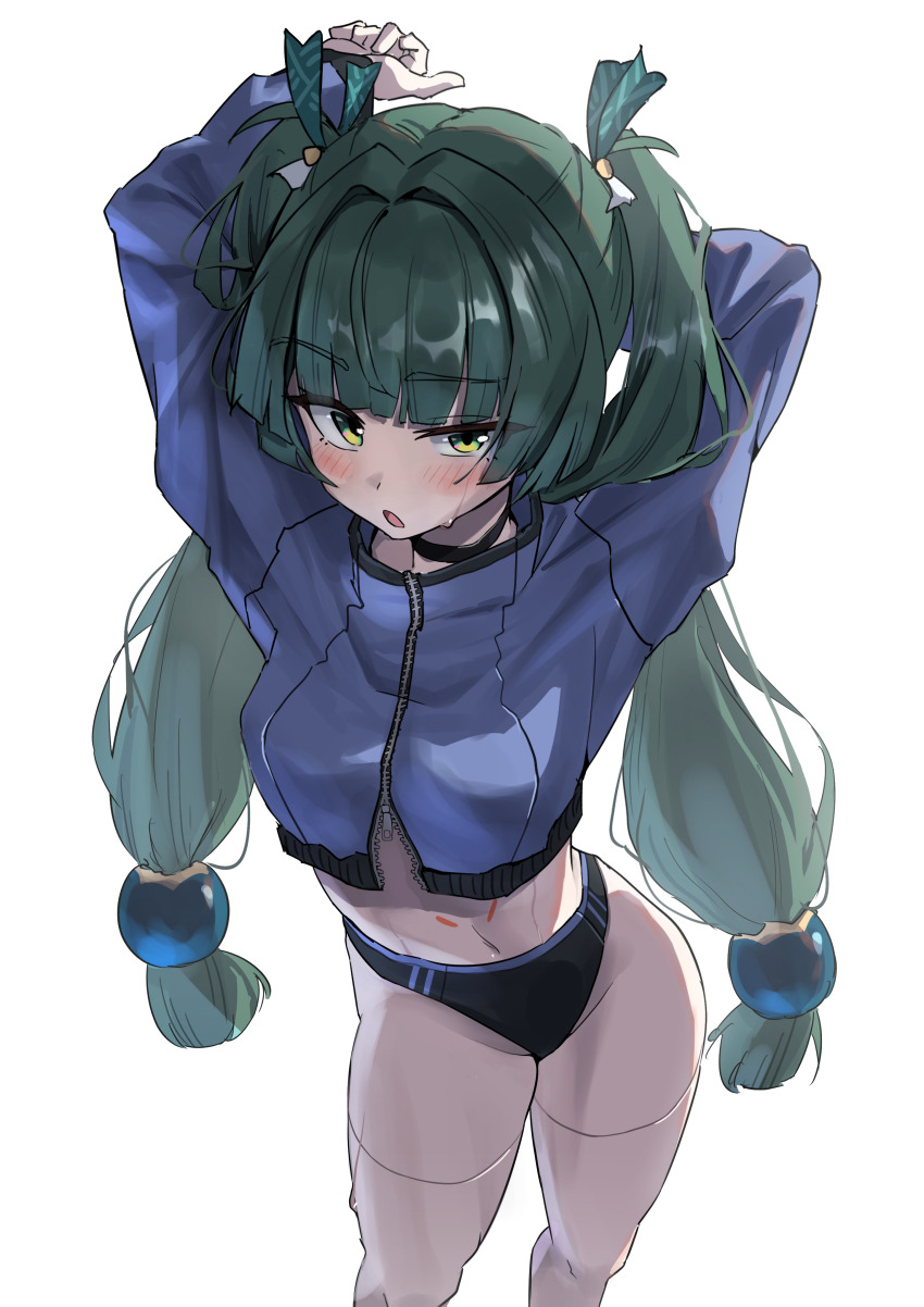 1girl :o absurdres alternate_costume android arm_above_head arm_behind_back arms_up bare_legs black_choker black_panties blue_jacket blush body_markings breasts choker cropped_jacket feet_out_of_frame green_eyes green_hair hair_bobbles hair_ornament highres jacket joints loli long_hair long_sleeves looking_at_viewer navel no_pants open_mouth panties qingyi_(zenless_zone_zero) robot_joints simple_background small_breasts solo standing sweatdrop thighs tora_(kumo_sakamoto) twintails underwear very_long_hair white_background zenless_zone_zero