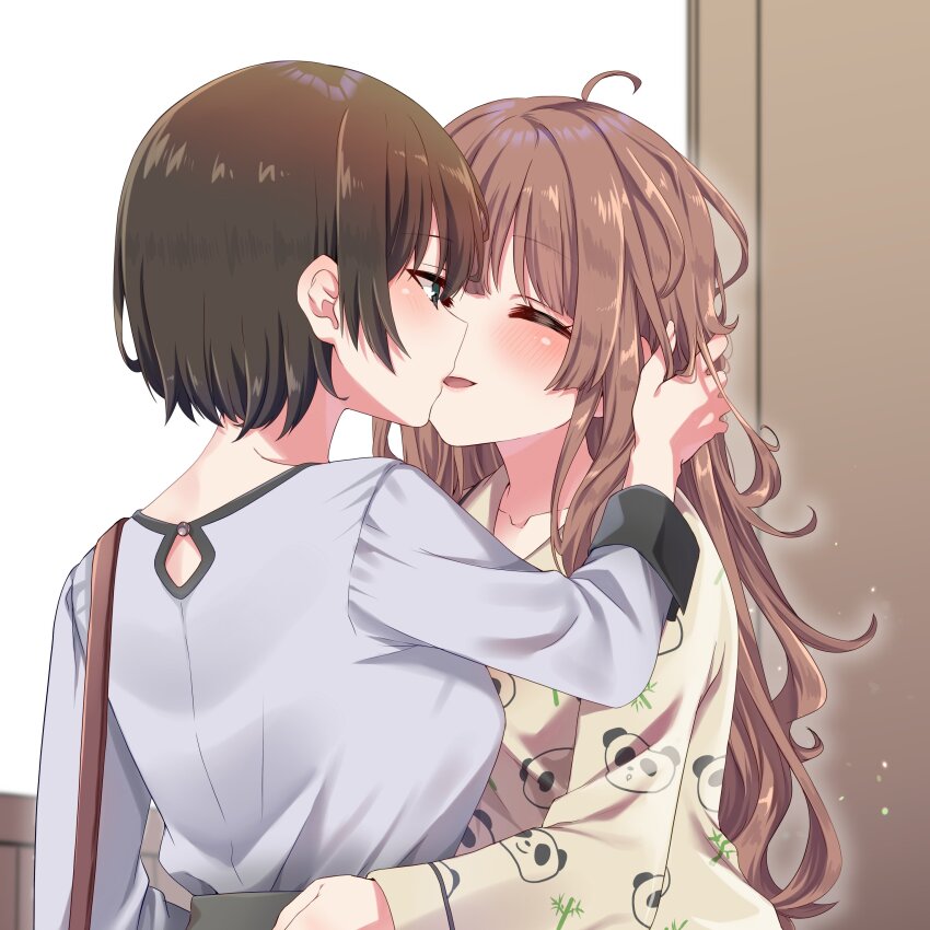 2girls absurdres black_hair blue_eyes brown_hair commentary_request hand_in_another&#039;s_hair hand_on_another&#039;s_waist highres kiss long_hair long_sleeves multiple_girls original pajamas parted_lips purple_shirt shirt short_hair smile tottoto_tomekichi yellow_shirt yuri