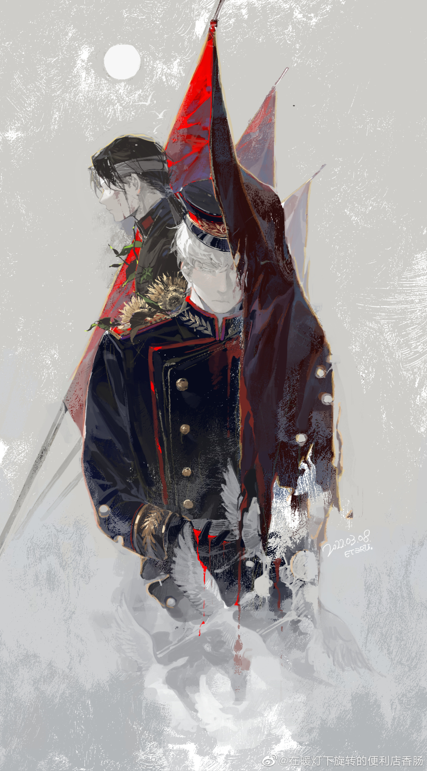 2boys absurdres artist_name axis_powers_hetalia bandaged_head bandages black_gloves black_hair black_hat black_jacket buttons china_(hetalia) chinese_commentary closed_eyes closed_mouth collared_jacket commentary_request covered_eyes dated eteru flower gloves green_jacket grey_background hat highres jacket leaf long_hair long_sleeves low_ponytail male_focus mandarin_collar military_hat military_jacket military_uniform multiple_boys ponytail red_flag russia_(hetalia) short_hair sidelocks simple_background sun sunflower upper_body white_hair yellow_flower
