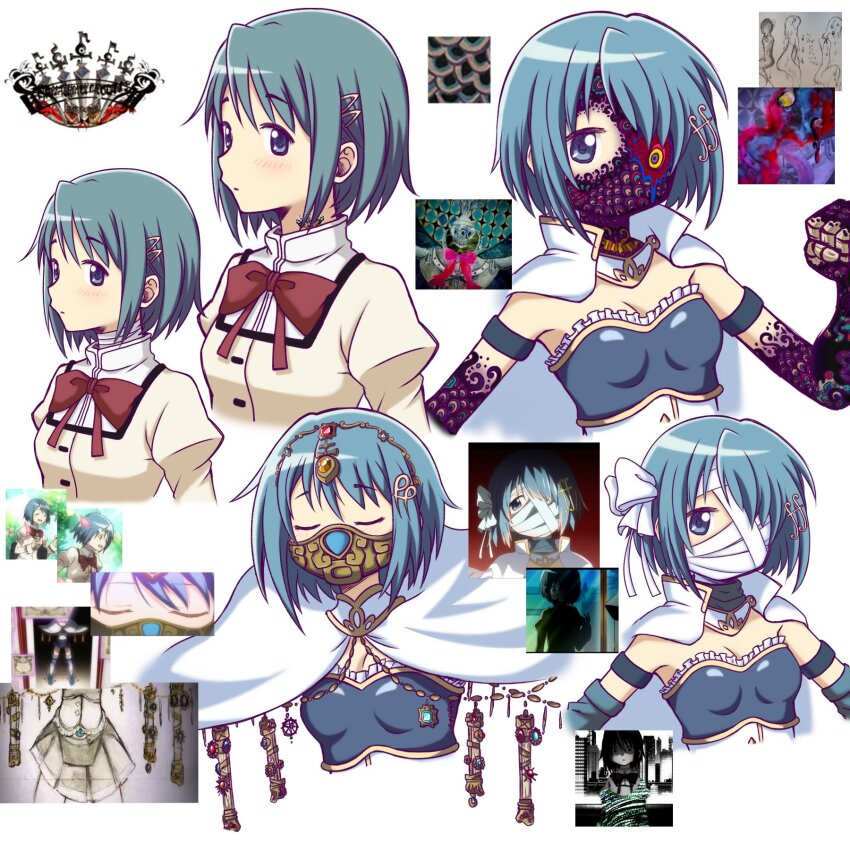 1girl blue_hair bow bowtie fortissimo hair_ornament highres kuro_ink magical_girl mahou_shoujo_madoka_magica mahou_shoujo_madoka_magica:_walpurgis_no_kaiten mask miki_sayaka miki_sayaka_(magical_girl) mitakihara_school_uniform multiple_views musical_note musical_note_hair_ornament oktavia_von_seckendorff red_bow red_bowtie school_uniform short_hair transformation witch_(madoka_magica) wrapping