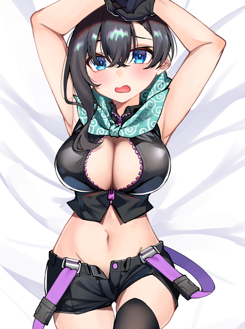 1girl ;o absurdres armpits arms_up bandana bandana_around_neck black_gloves black_hair black_shirt black_shorts black_thighhighs blue_eyes blush breasts breasts_day cleavage cowboy_shot crop_top crossed_bangs dorobou-chan gloves good_breasts_day green_bandana hair_between_eyes hashtag-only_commentary highres hitotose_hirune large_breasts looking_at_viewer lying midriff navel nemukata_(dorobou-chan) on_back one_eye_closed open_fly open_mouth partially_unzipped shirt short_shorts shorts sleeveless sleeveless_shirt solo spiral_print stomach suspenders_hanging thighhighs