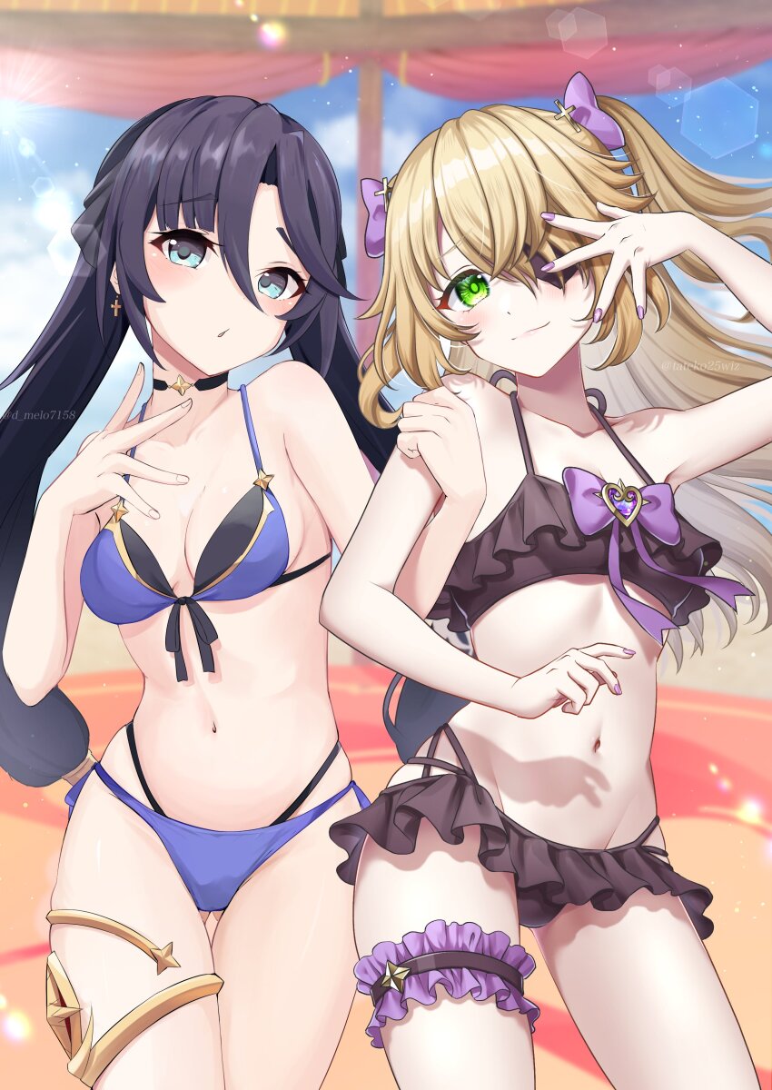 :o absurdres beach bikini black_hair blonde_hair blue_bikini blush bow breasts choker chuunibyou cross cross_earrings cross_hair_ornament earrings eyepatch fischl_(genshin_impact) frilled_bikini frills genshin_impact gold_trim green_eyes hair_ornament hair_over_one_eye hat_ornament highres jewelry long_hair looking_at_viewer medium_breasts mona_(genshin_impact) navel purple_bikini purple_nails small_breasts smile star_(symbol) star_choker stomach sun swimsuit tateko25wiz twintails two_side_up
