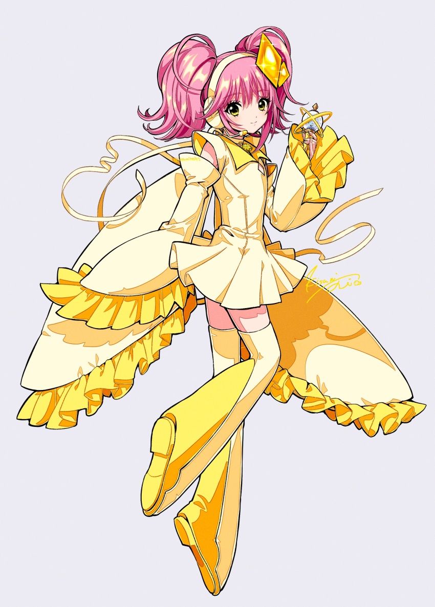 1girl absurdres amulet_dia boots choker commentary diamond_hair_ornament dress frilled_sleeves frills full_body hairband headset highres hinamori_amu holding holding_wand humpty_lock_(shugo_chara!) kisumi_rei light_smile looking_at_viewer magical_girl pink_hair short_dress shugo_chara! sidelocks signature simple_background sleeves_past_fingers sleeves_past_wrists symbol-only_commentary thigh_boots twintails very_long_sleeves wand white_background yellow_boots yellow_dress yellow_eyes