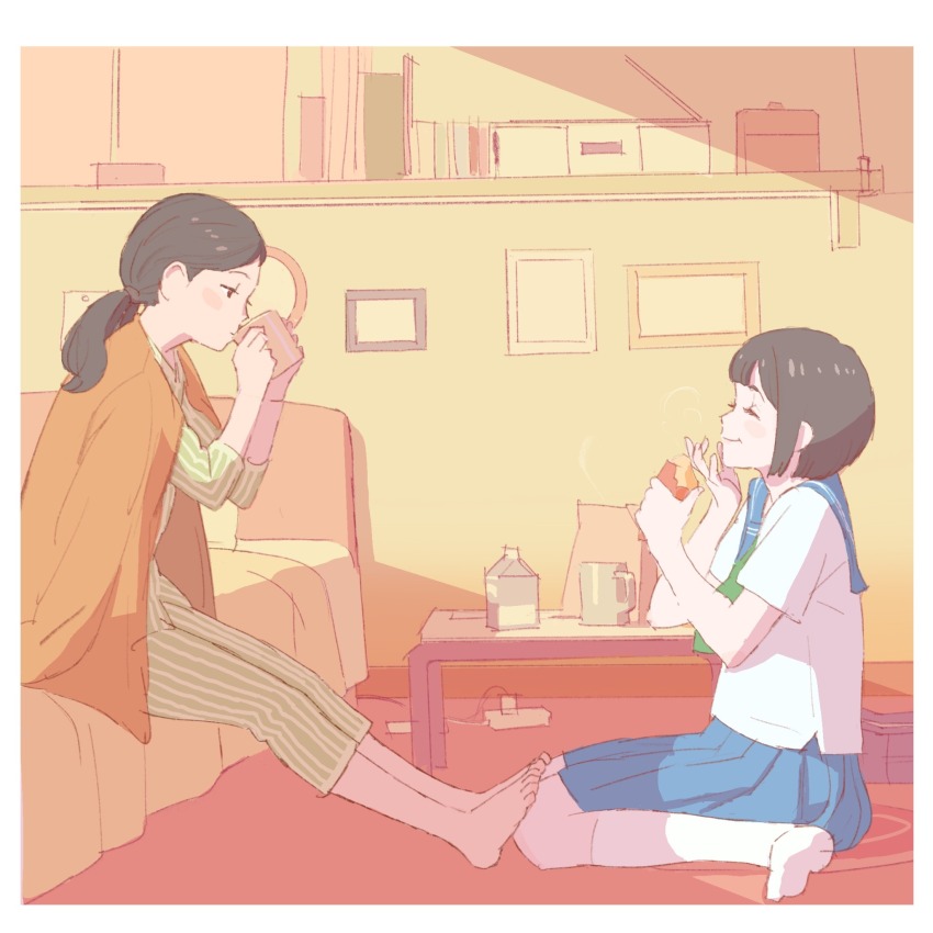 2girls 55bata6rou bed bedroom black_eyes black_hair blue_sailor_collar blue_skirt border closed_eyes closed_mouth cup drinking eating food from_side full_body green_neckerchief green_pajamas hands_up hibike!_euphonium highres holding holding_cup holding_food indoors kitauji_high_school_uniform long_hair long_sleeves looking_at_another multiple_girls nakaseko_kaori neckerchief ogasawara_haruka on_bed on_floor pajamas picture_frame pleated_skirt rug sailor_collar school_uniform shelf shirt short_hair short_sleeves sitting skirt slice_of_life smile table white_border white_shirt