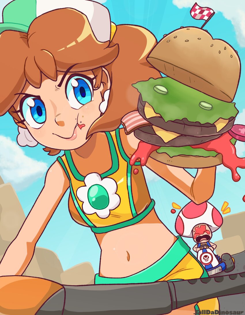 1girl absurdres artist_name bacon billdadinosaur blue_eyes brown_hair burger checkered_flag cheese closed_mouth crown dress earrings eating fast_food flag flower_earrings food food_on_face hat highres holding holding_burger holding_food jewelry ketchup lettuce mario_(series) mario_kart mario_kart_world meat nintendo one_eye_closed orange_dress outdoors princess princess_daisy princess_daisy_(swimwear)_(mario_kart_world) sesame_seeds short_hair sky toad_(mario) tomato tomato_slice