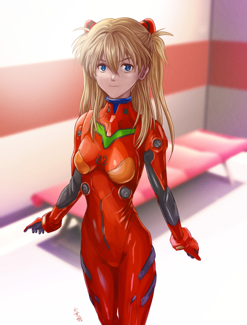 1girl blue_eyes bodysuit breasts brow closed_mouth cowboy_shot hair_between_eyes highres interface_headset_(evangelion) kazumina light_brown_hair long_hair looking_at_viewer mecha_pilot_suit medium_breasts neon_genesis_evangelion plugsuit_(evangelion) red_bodysuit shiny_clothes simple_background smile solo souryuu_asuka_langley standing twintails twirling_hair