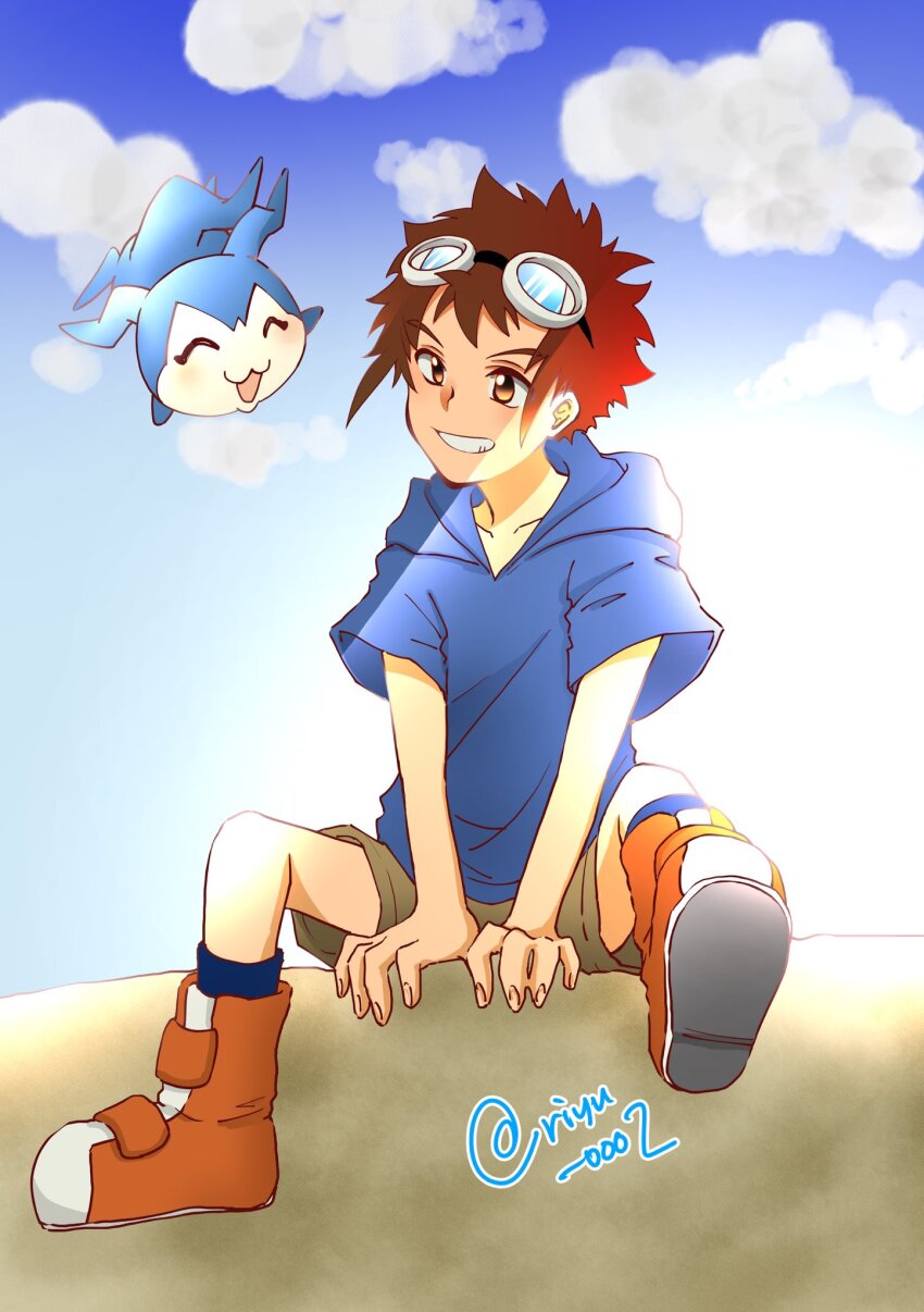 1boy blue_hoodie brown_eyes brown_hair brown_shorts chibimon digimon digimon_(creature) digimon_adventure_02 full_body goggles goggles_on_head highres hood hoodie male_focus riyu_0002 short_hair shorts sitting twitter_username