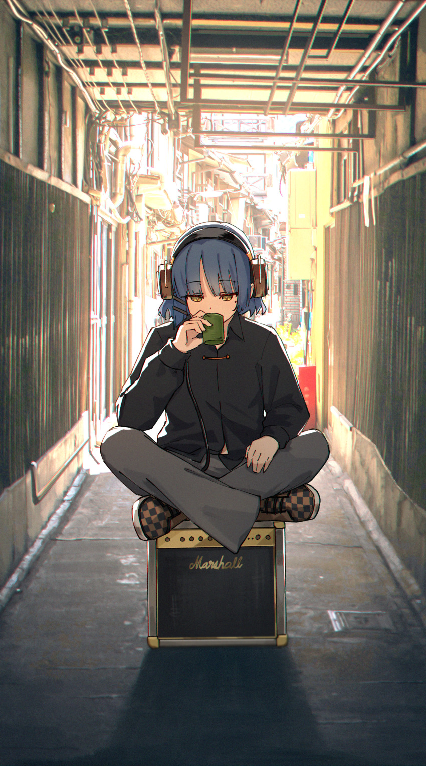 1girl alley amplifier bell-bottoms black_footwear black_shirt blue_hair bocchi_the_rock! brown_footwear checkered_footwear commentary converse crossed_legs cup english_commentary grey_pants headphones highres jl_tan looking_down marshall_amplification medium_hair mole mole_under_eye pants photo_background shirt sitting solo toe yamada_ryo yellow_eyes yunomi