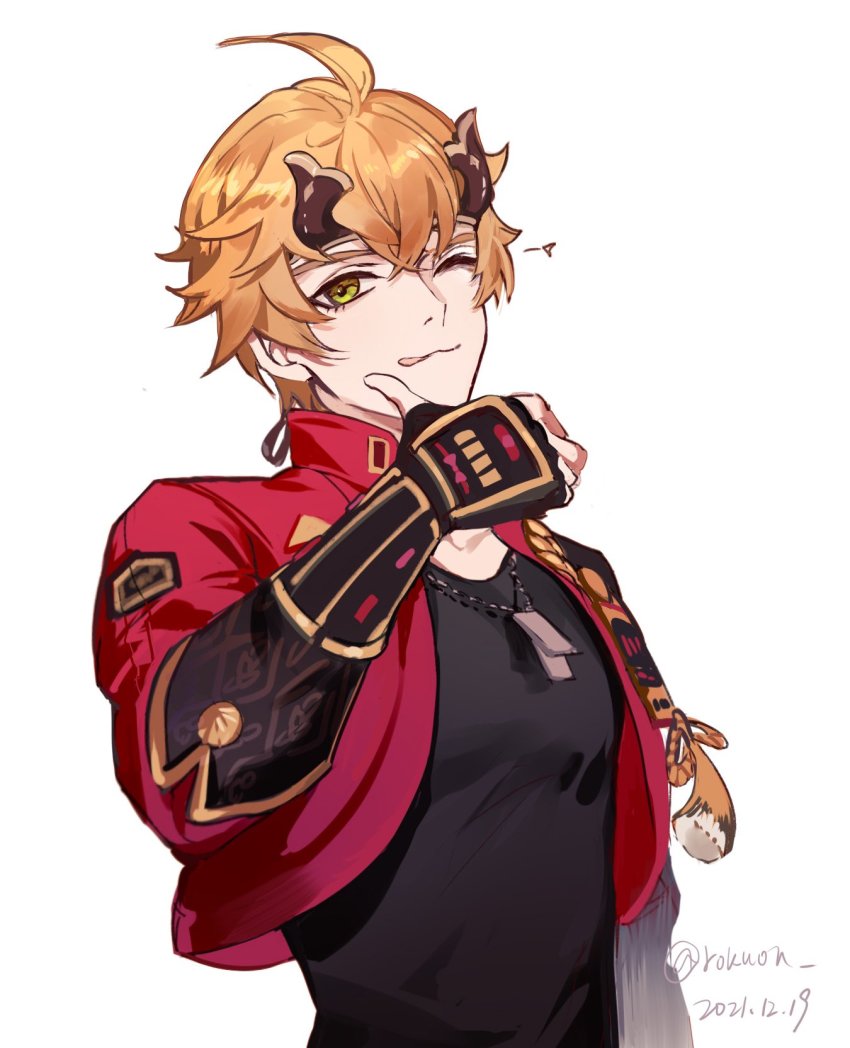 1boy ;q ahoge arm_guards black_gloves blonde_hair blush commentary_request dog_tags fake_horns fingerless_gloves genshin_impact gloves green_eyes hair_between_eyes headband highres horned_headwear horns jacket jewelry low_ponytail male_focus necklace one_eye_closed open_mouth ponytail red_jacket rokuon short_hair_with_long_locks simple_background smile solo thoma_(genshin_impact) tongue tongue_out twitter_username white_background