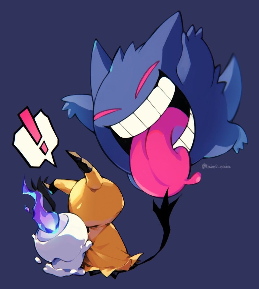 ! closed_eyes creatures_(company) game_freak gen_1_pokemon gen_5_pokemon gen_7_pokemon gengar grey_background highres litwick mimikyu nintendo no_humans open_mouth pokemon pokemon_(creature) pokemon_focus simple_background spoken_exclamation_mark tako2_eaka teeth tongue tongue_out twitter_username