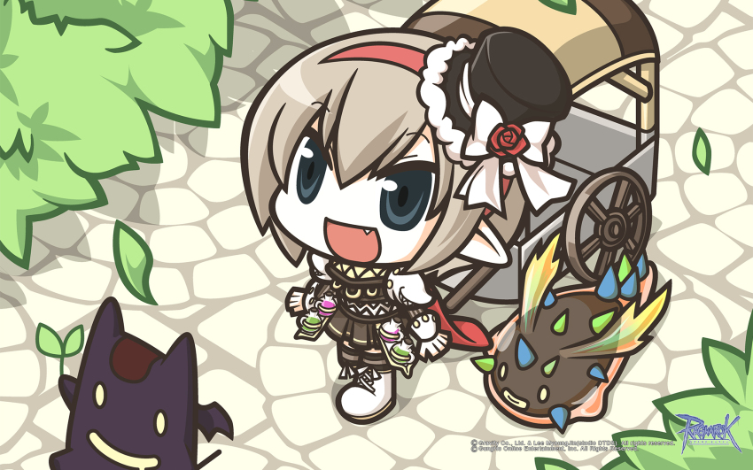 1girl :d armor black_eyes boots brown_hair brown_skirt brown_thighhighs bush chibi chibi_only closed_mouth cobblestone copyright_notice creature deviruchi fang flask full_body genetic_(ragnarok_online) guest_art hair_between_eyes hairband highres leaf logo miniskirt miu_(pixiv16308) official_art official_wallpaper open_mouth pauldrons pointy_ears potion pullcart ragnarok_online red_hairband round-bottom_flask short_hair shoulder_armor skirt slime_(creature) smile solo teeth thighhighs vambraces vanilmirth_(ragnarok_online) walking white_boots