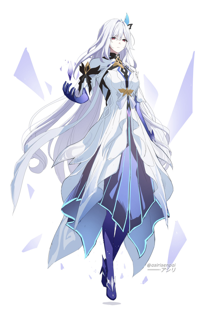 1girl absurdres adapted_costume asiri_senpai breasts closed_mouth commentary crystal dress full_body genshin_impact hair_between_eyes hair_intakes hair_ornament hand_up highres long_dress long_hair looking_at_viewer medium_breasts prosthesis red_eyes simple_background skirk_(genshin_impact) solo twitter_username very_long_hair white_background white_dress white_hair