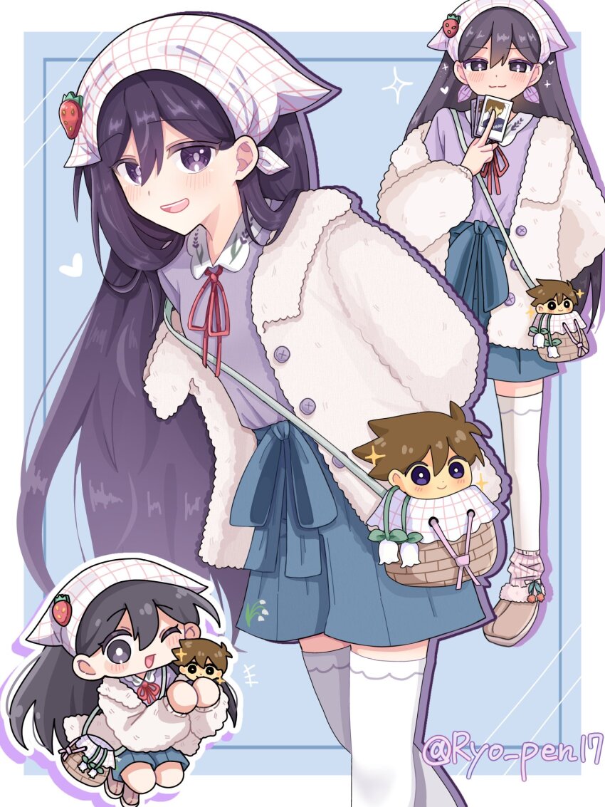 1girl :3 :d ;d ankle_boots ankle_socks arm_behind_back arms_behind_back bag basket black_hair blue_background blue_shorts boots border bright_pupils brown_boots buttons character_doll chibi chibi_inset closed_mouth collared_shirt colored_eyelashes crossed_legs doll double-parted_bangs feet_out_of_frame flower full_body fur_jacket hair_behind_ear hair_between_eyes hakama hakama_shorts headscarf heart hero_(faraway)_(omori) hero_(omori) highres holding holding_doll inset_border jacket jacket_partially_removed japanese_clothes jumping leaning_forward lily_of_the_valley long_hair looking_at_viewer mari_(birthday)_(omori) mari_(faraway)_(omori) mari_(omori) middle_finger multiple_views neck_ribbon official_alternate_costume omori one_eye_closed open_clothes open_jacket open_mouth outline outside_border photo_(object) pink_socks purple_eyes purple_shirt red_ribbon ribbed_socks ribbon ryo_pen17 shirt shirt_tucked_in shorts shoulder_bag simple_background smile socks socks_over_thighhighs sparkle straight_hair teeth thighhighs tongue twitter_username upper_teeth_only very_long_hair white_border white_flower white_headscarf white_jacket white_outline white_pupils white_thighhighs