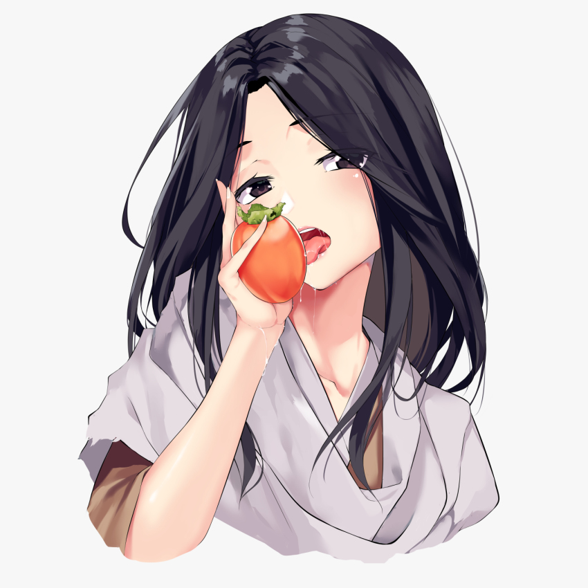 1girl aoi_(buzhuen444) bad_id bad_pixiv_id black_eyes black_hair blush commentary_request divine_child_of_rejuvenation female_focus food fruit half-closed_eyes highres japanese_clothes kimono licking looking_at_viewer naughty_face open_mouth parted_bangs persimmon portrait saliva saliva_trail sekiro:_shadows_die_twice simple_background solo tongue tongue_out white_background