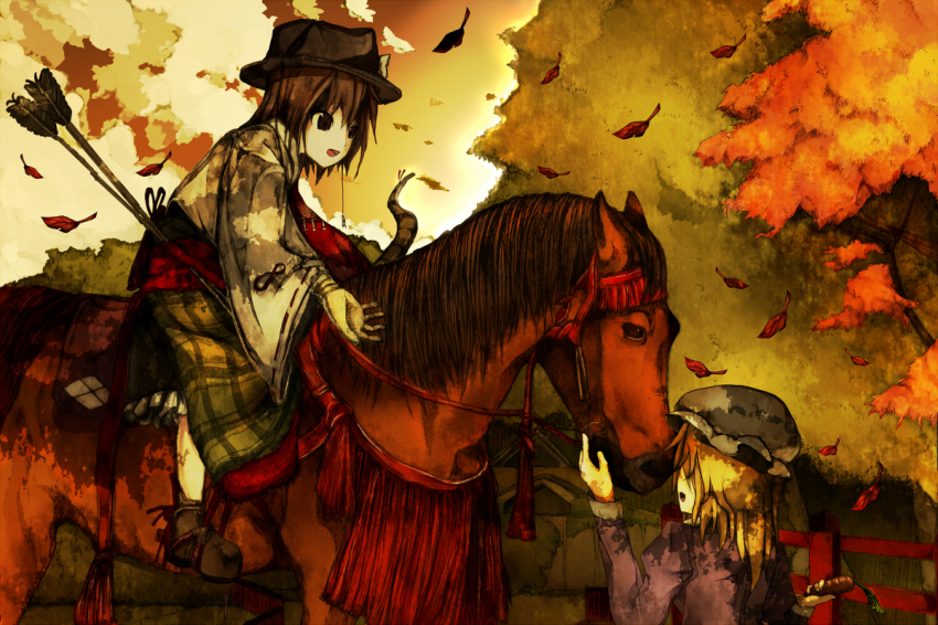 2girls arrow_(projectile) bad_id bad_pixiv_id blonde_hair bow_(weapon) brown_hair commentary female_focus ghostly_field_club hat horse horseback_archery horseback_riding maribel_hearn multiple_girls riding tokoroten_(hmmuk) touhou usami_renko weapon