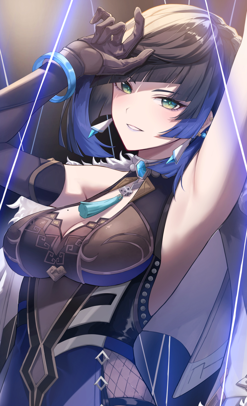 1girl absurdres arm_up armpits black_gloves black_hair blue_hair bob_cut breasts diagonal_bangs earrings elbow_gloves fishnet_fabric genshin_impact gloves green_eyes hal_aluha highres hip_vent jewelry large_breasts looking_at_viewer mole mole_on_breast multicolored_hair parted_lips revision smile solo upper_body yelan_(genshin_impact)