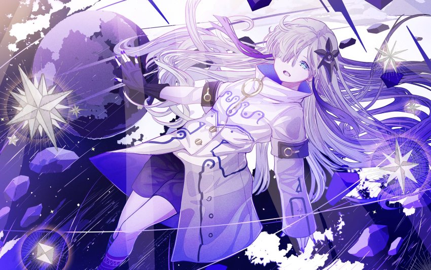 1girl blue_hair cevio cloud fingerless_gloves gloves hair_over_one_eye highres jacket kamitsubaki_studio lens_flare long_hair long_sleeves looking_at_viewer nail_polish open_mouth orbital_ring orbited planet prism rock sanosomeha sekai_(cevio) short_sleeves shorts smile star_(sky) star_(symbol) teeth upper_teeth_only white_hair