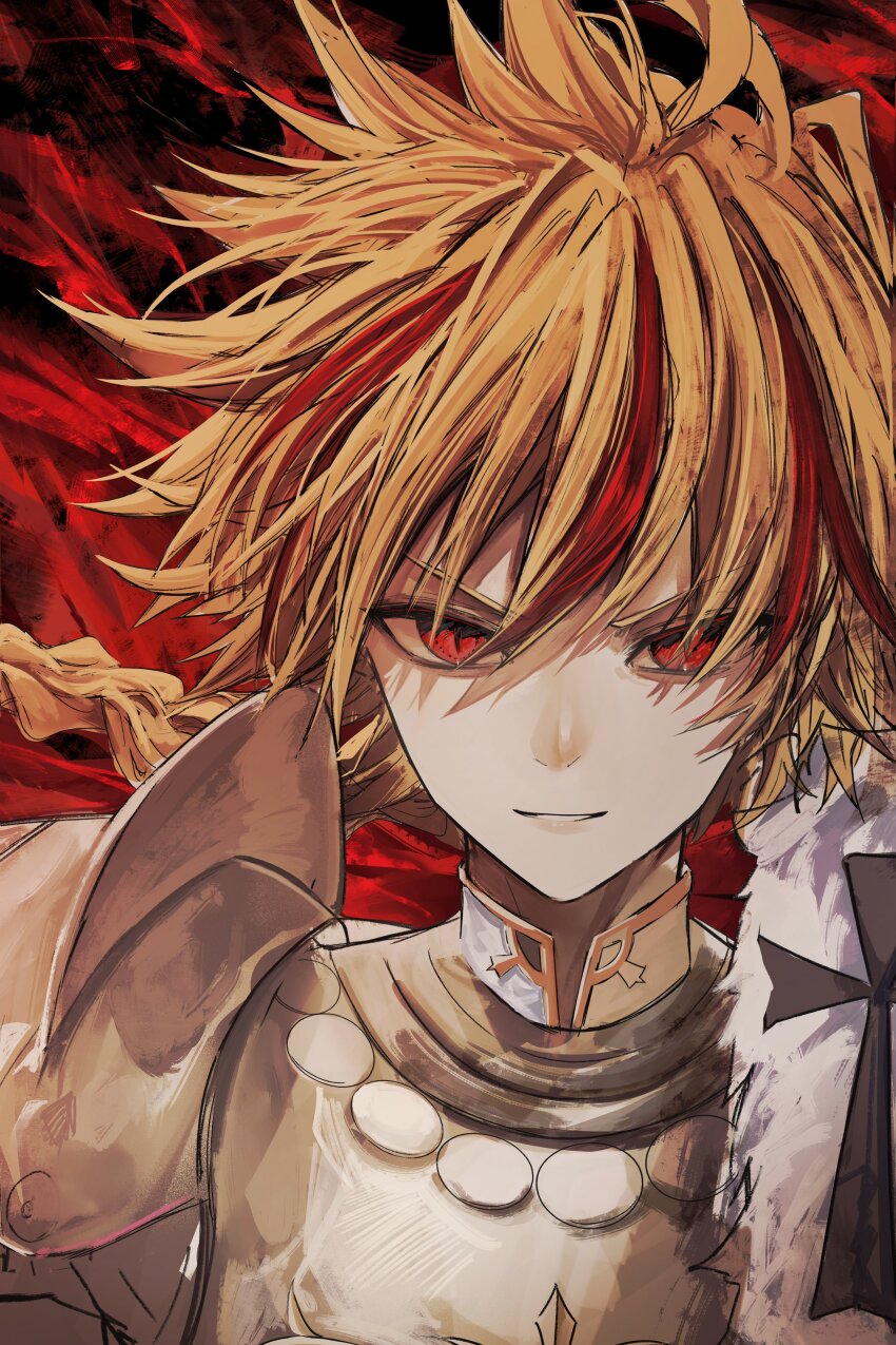 1boy absurdres armor blonde_hair braid braided_ponytail fate/grand_order fate/strange_fake fate_(series) highres long_hair looking_at_viewer male_focus multicolored_hair parted_lips pauldrons red_background red_eyes red_hair richard_i_(fate) shoulder_armor single_braid smile streaked_hair upper_body yagi_(yagi5art)